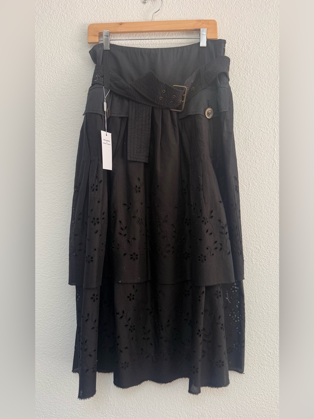 Alberta Ferretti Black Tiered Eyelet Midi Skirt with Waist Belt